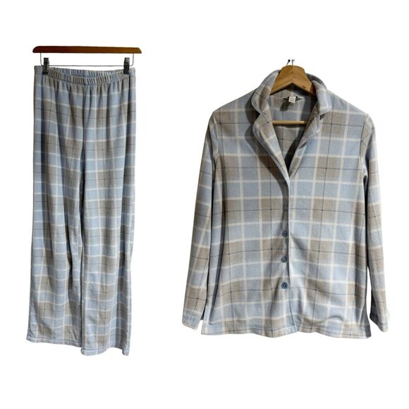 Charter Club Women Small 2 Piece Pajama Set Blue White Plaid Button Down Fleece - Picture 1 of 7